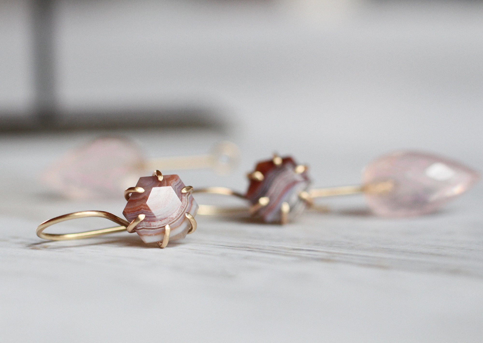 Agate and Rose Quartz Convertible Earrings in 14k Gold