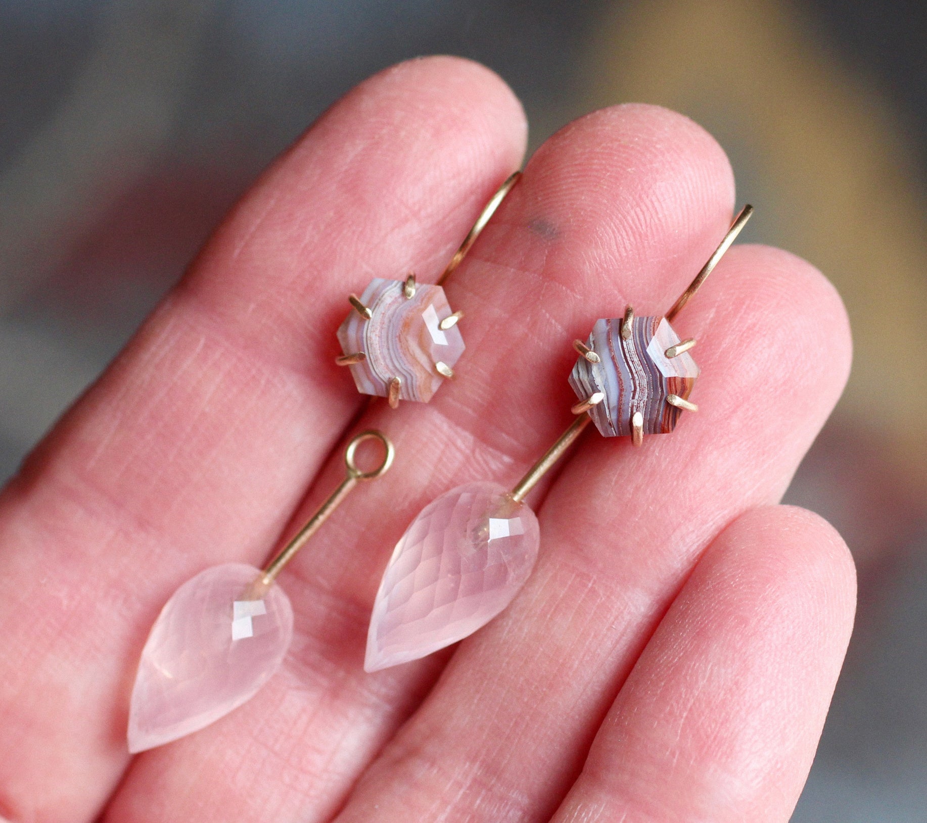 Agate and Rose Quartz Convertible Earrings in 14k Gold