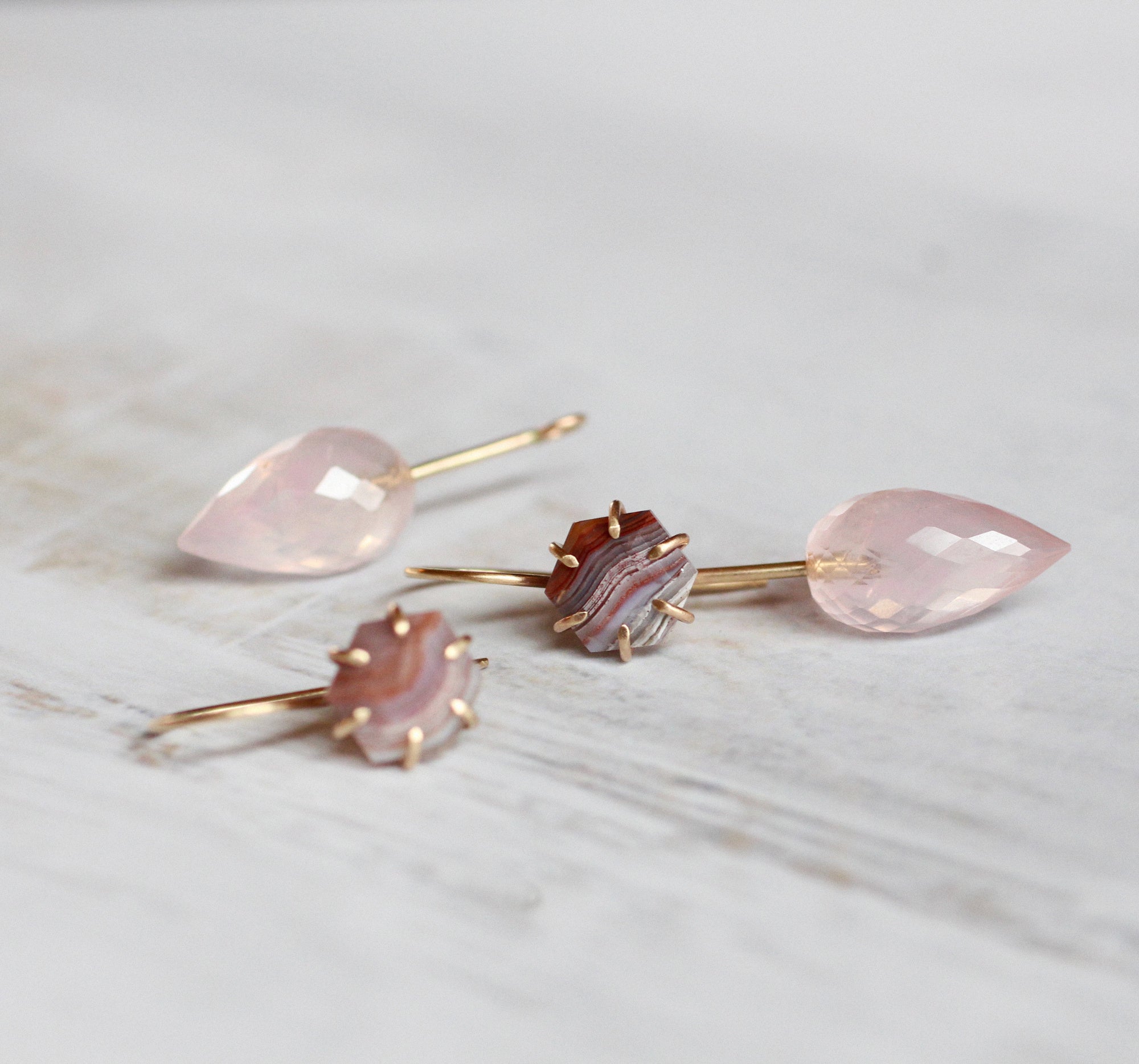 Agate and Rose Quartz Convertible Earrings in 14k Gold