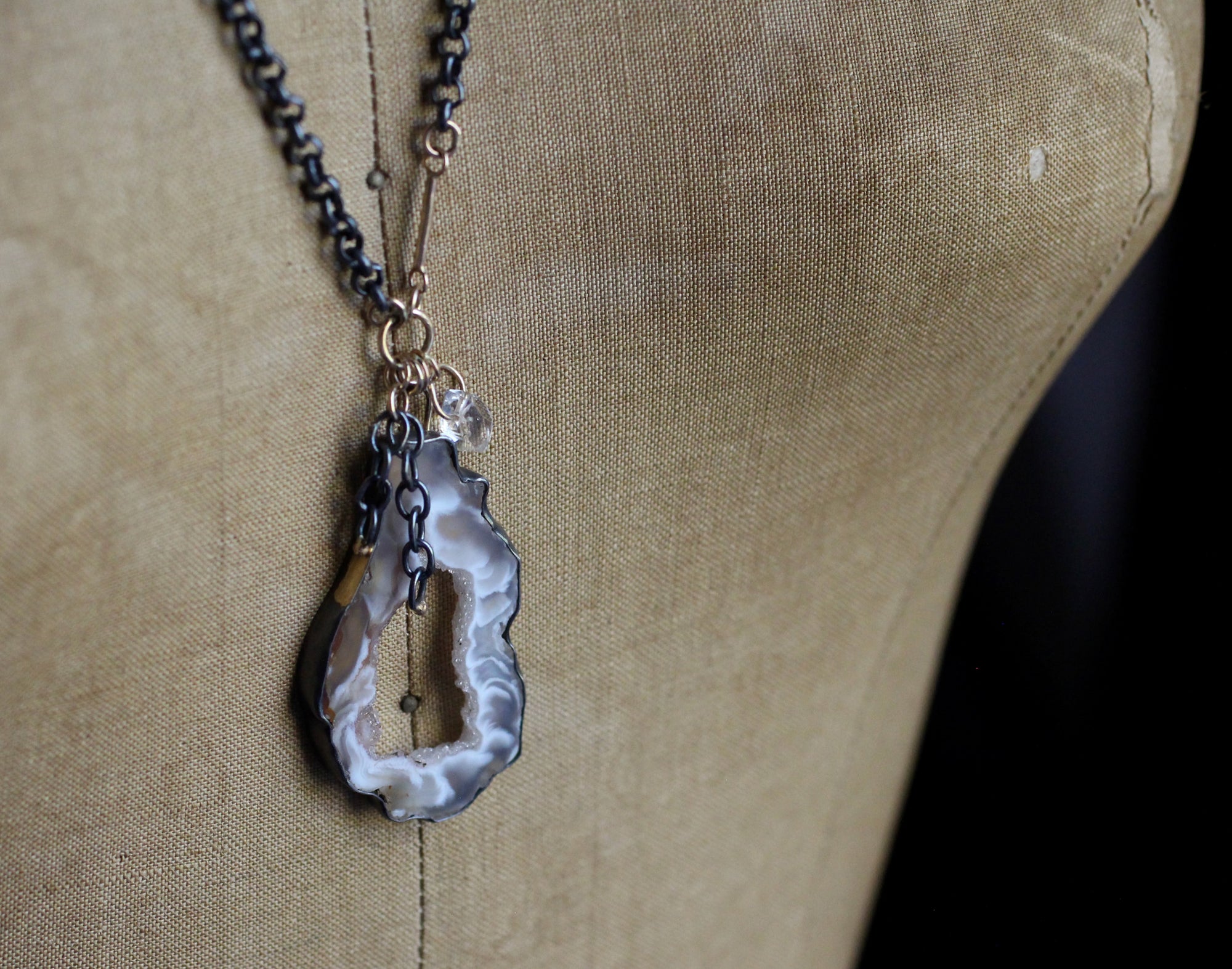 Agate Slice & Herkimer Diamond Long Necklace with 14k Gold