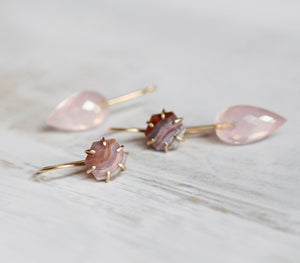 Agate and Rose Quartz Convertible Earrings in 14k Gold