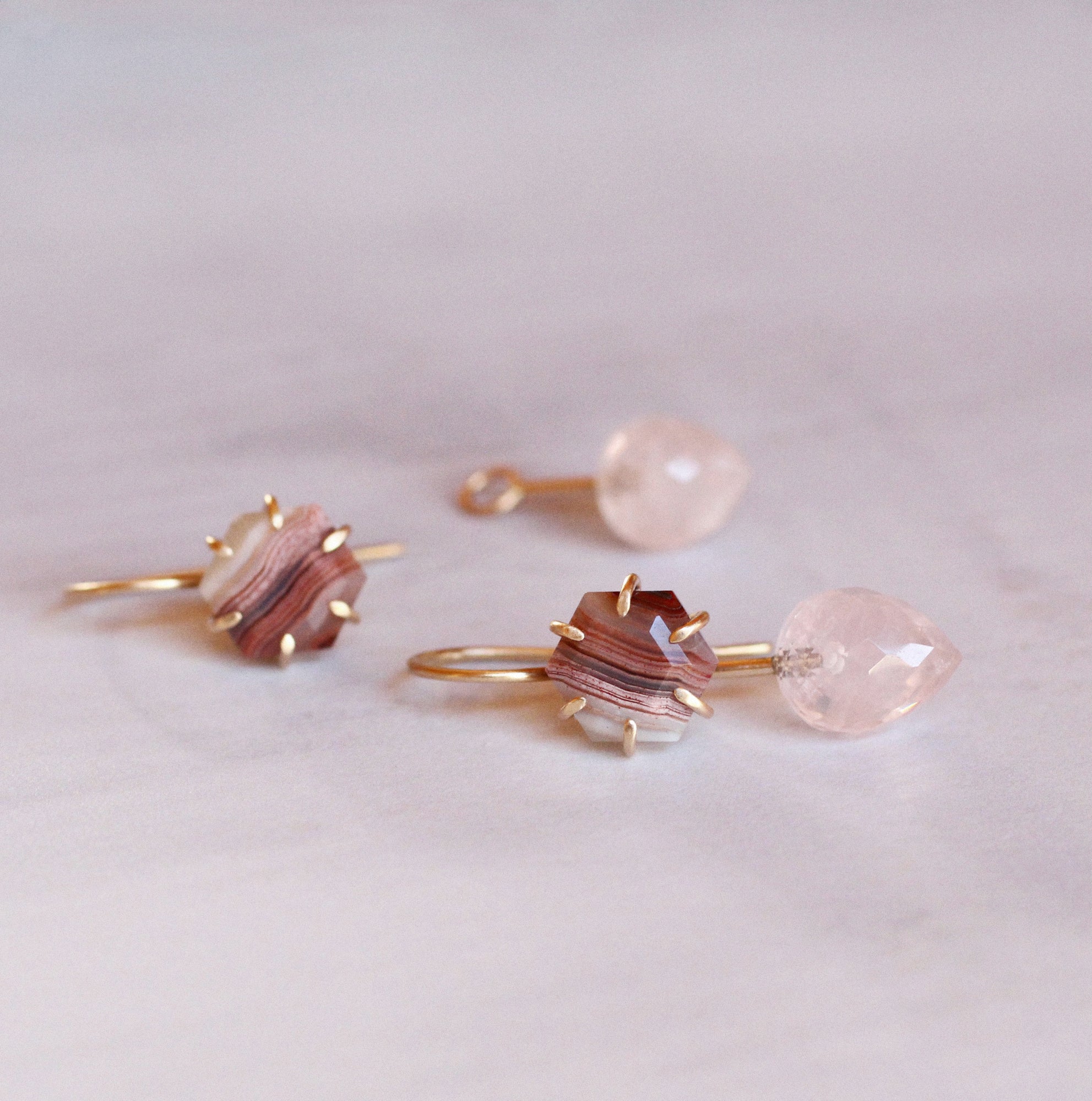 Agate and Petite Rose Quartz Convertible Earrings in 14k Gold