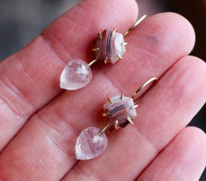 Agate and Petite Rose Quartz Convertible Earrings in 14k Gold