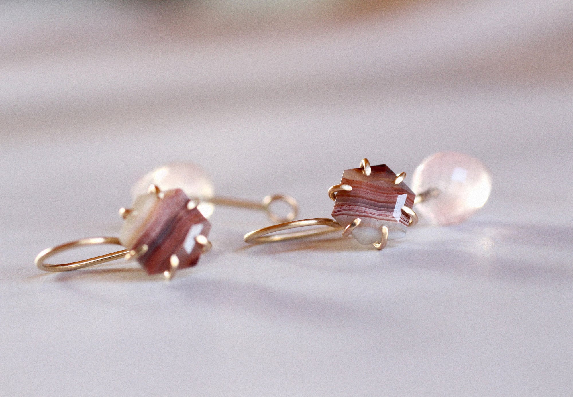 Agate and Petite Rose Quartz Convertible Earrings in 14k Gold