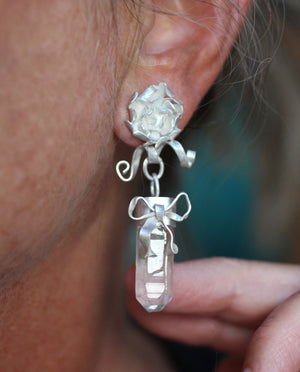 Surrealist Earrings - Tourmaline Slice & Quartz Crystal