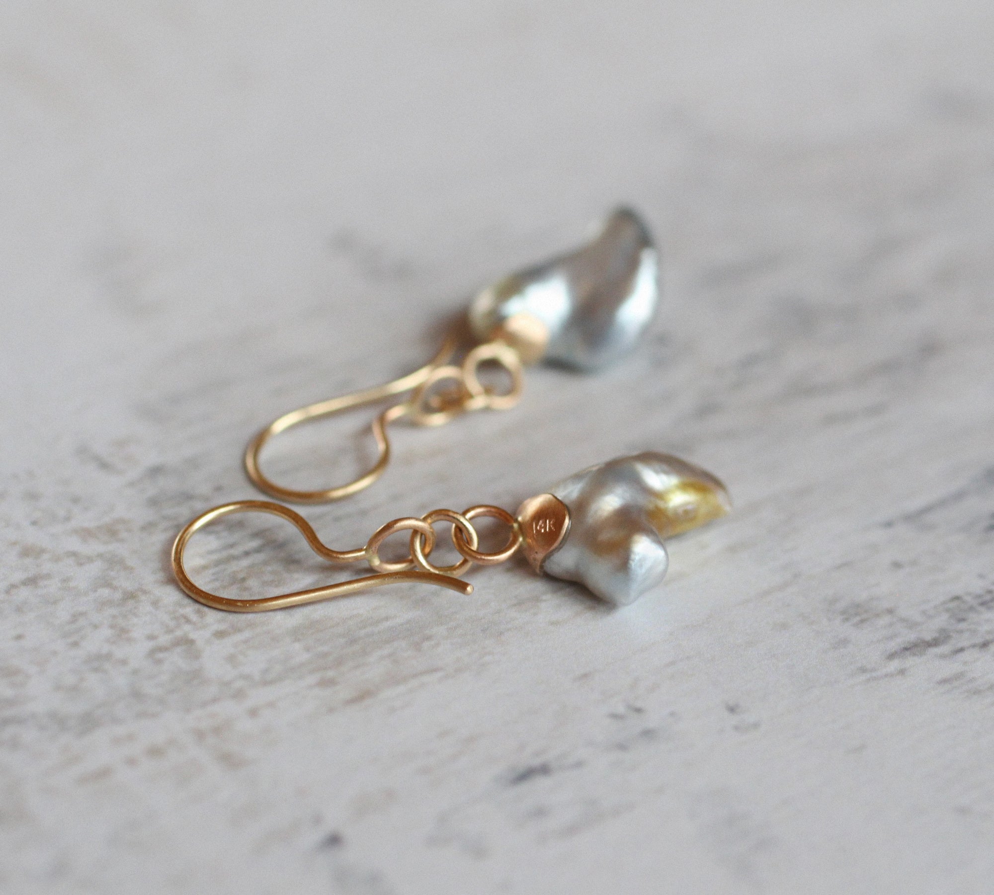 Silvery Blue Pearl Dangle Earrings in 14k Gold