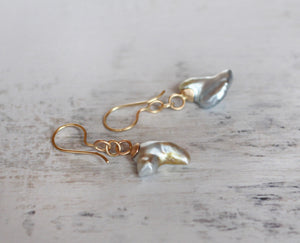 Silvery Blue Pearl Dangle Earrings in 14k Gold