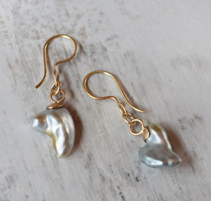 Silvery Blue Pearl Dangle Earrings in 14k Gold