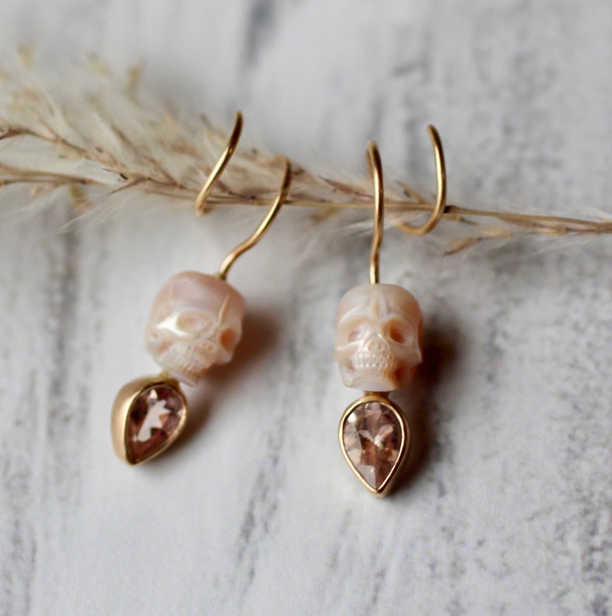 Pearl Skull & Morganite Calavera Twisted Earrings in 14k Gold - Limited Edition