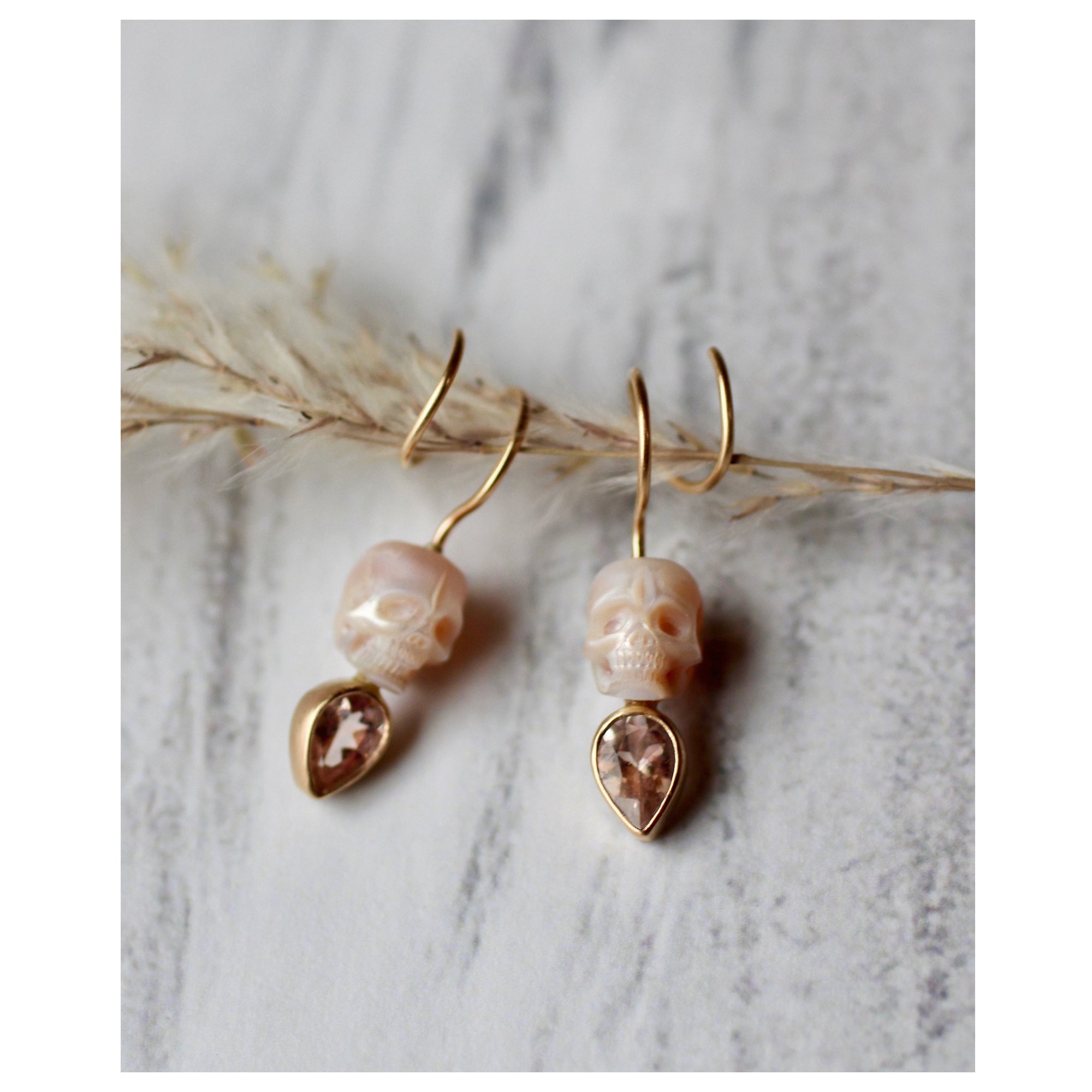 Pearl Skull & Morganite Calavera Twisted Earrings in 14k Gold - Limited Edition