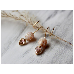 Pearl Skull & Morganite Calavera Twisted Earrings in 14k Gold - Limited Edition