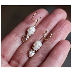 Pearl Skull & Morganite Calavera Twisted Earrings in 14k Gold - Limited Edition