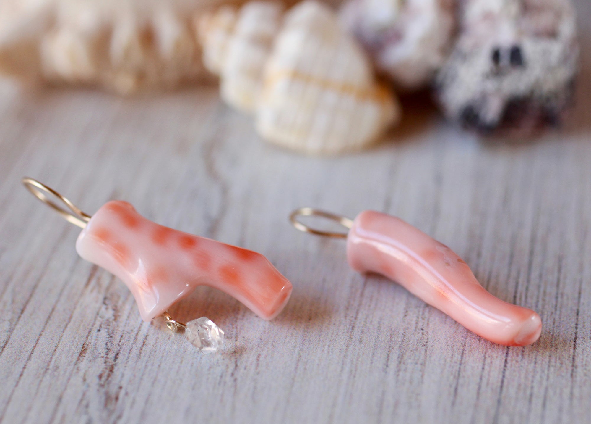 Vintage Coral, Herkimer Diamond & Recycled 14k Gold Earrings