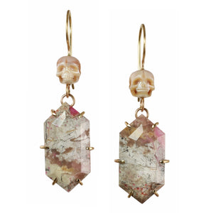 Pearl Skull & Pink Calcite Earrings with 14k Gold