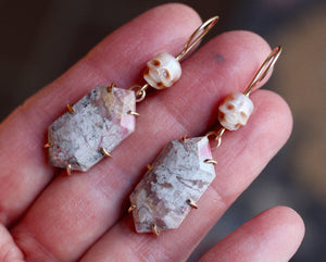 Pearl Skull & Pink Calcite Earrings with 14k Gold