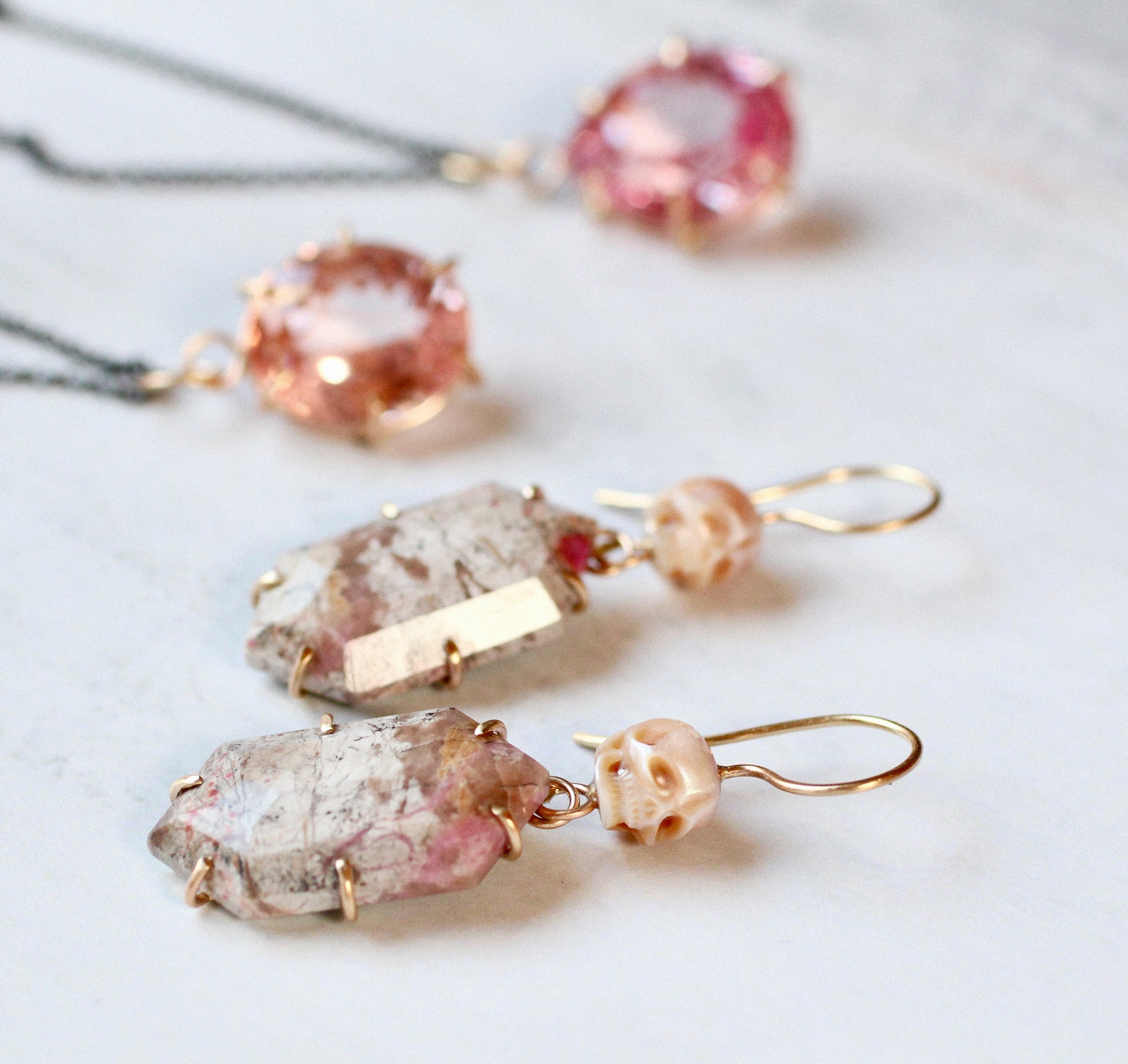 Pearl Skull & Pink Calcite Earrings with 14k Gold