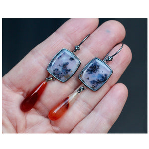 Dendritic Agate and Carnelian Drop Earrings