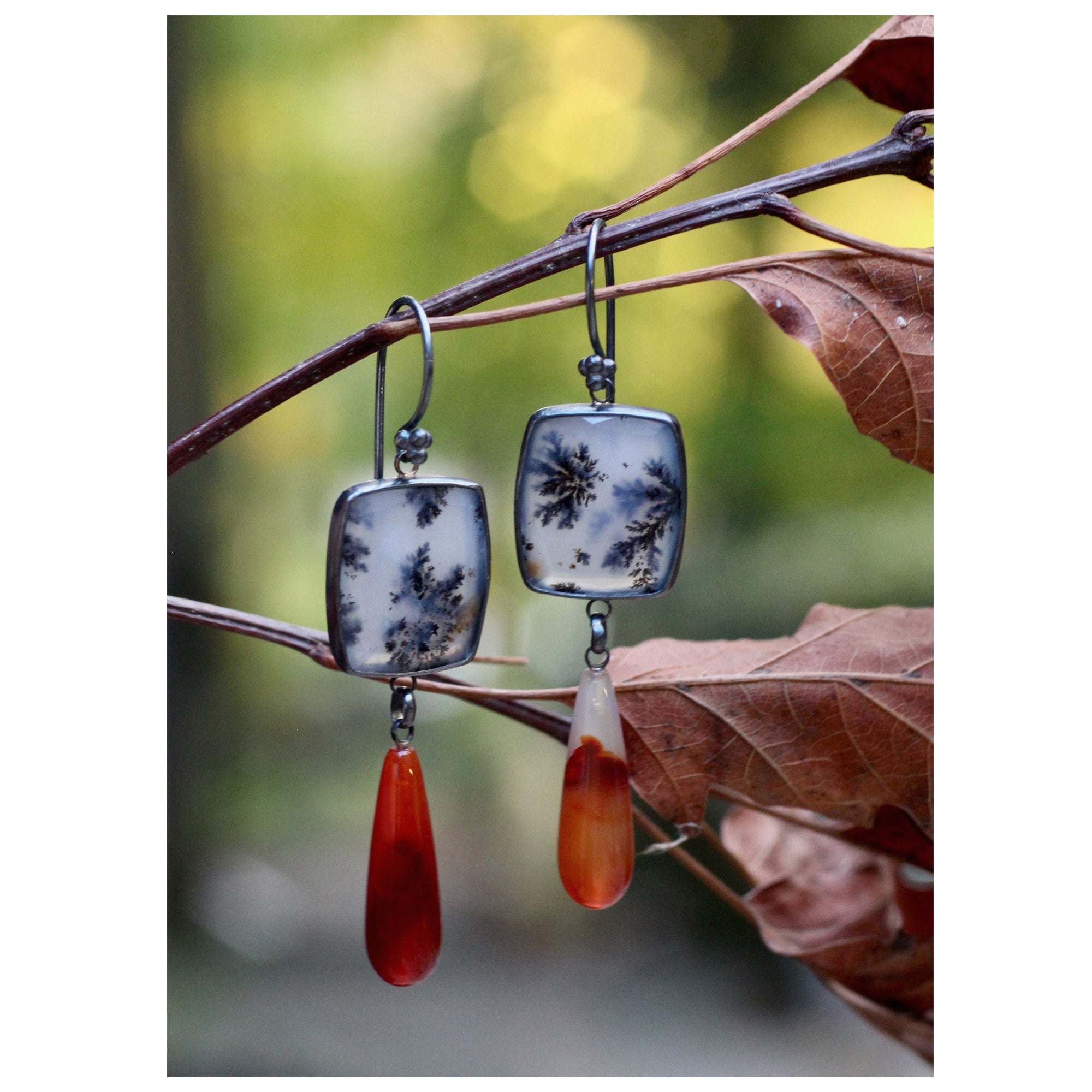 Dendritic Agate and Carnelian Drop Earrings