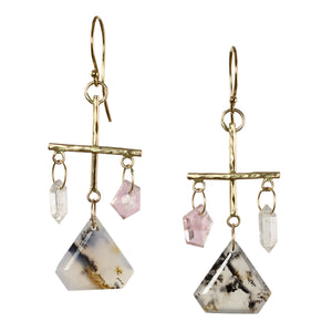 Dendritic Agate, Spinel, & Herkimer Chandelier Earrings in 14k