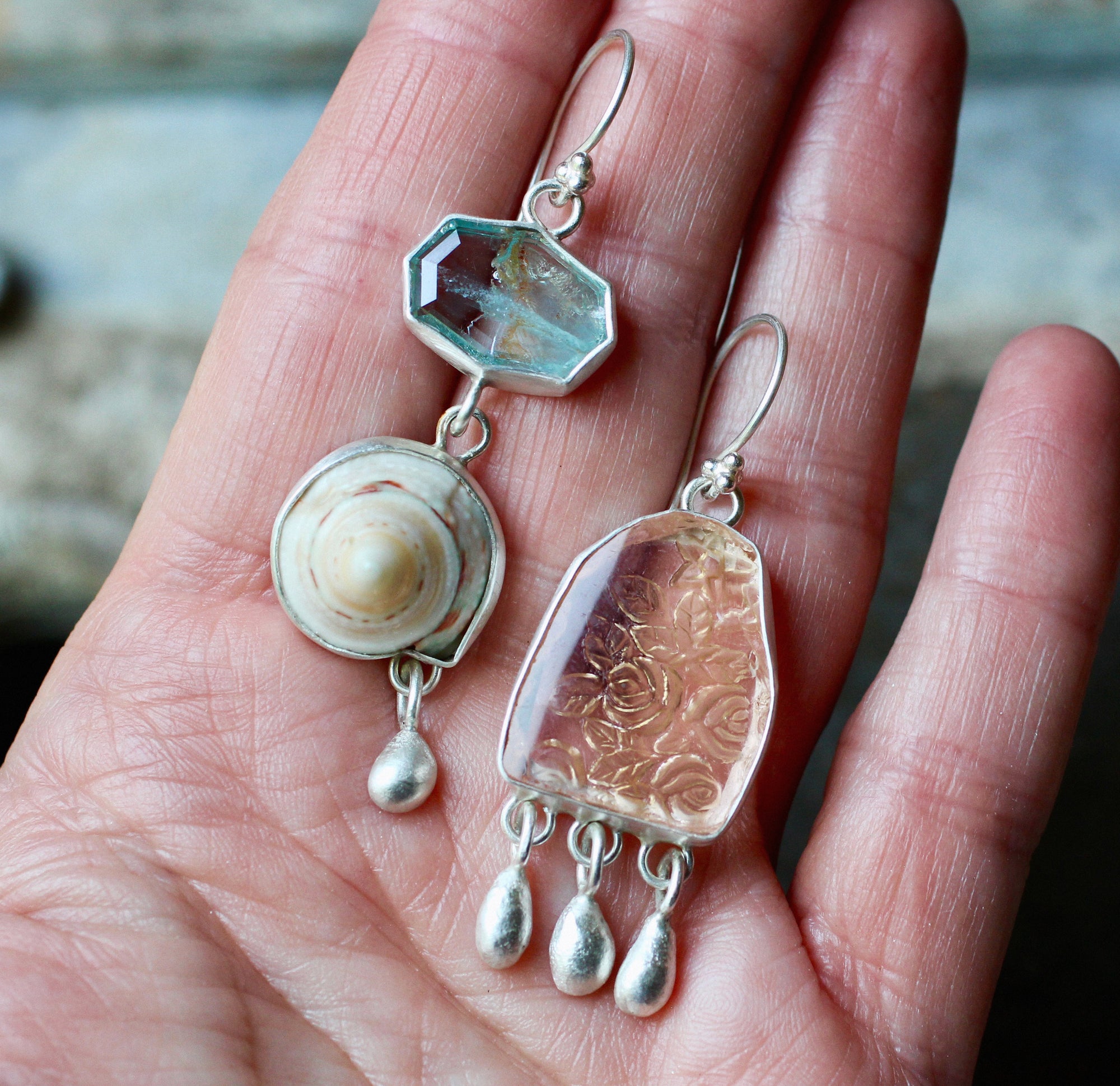 Shell, Aquamarine, & Vintage Glass Earrings