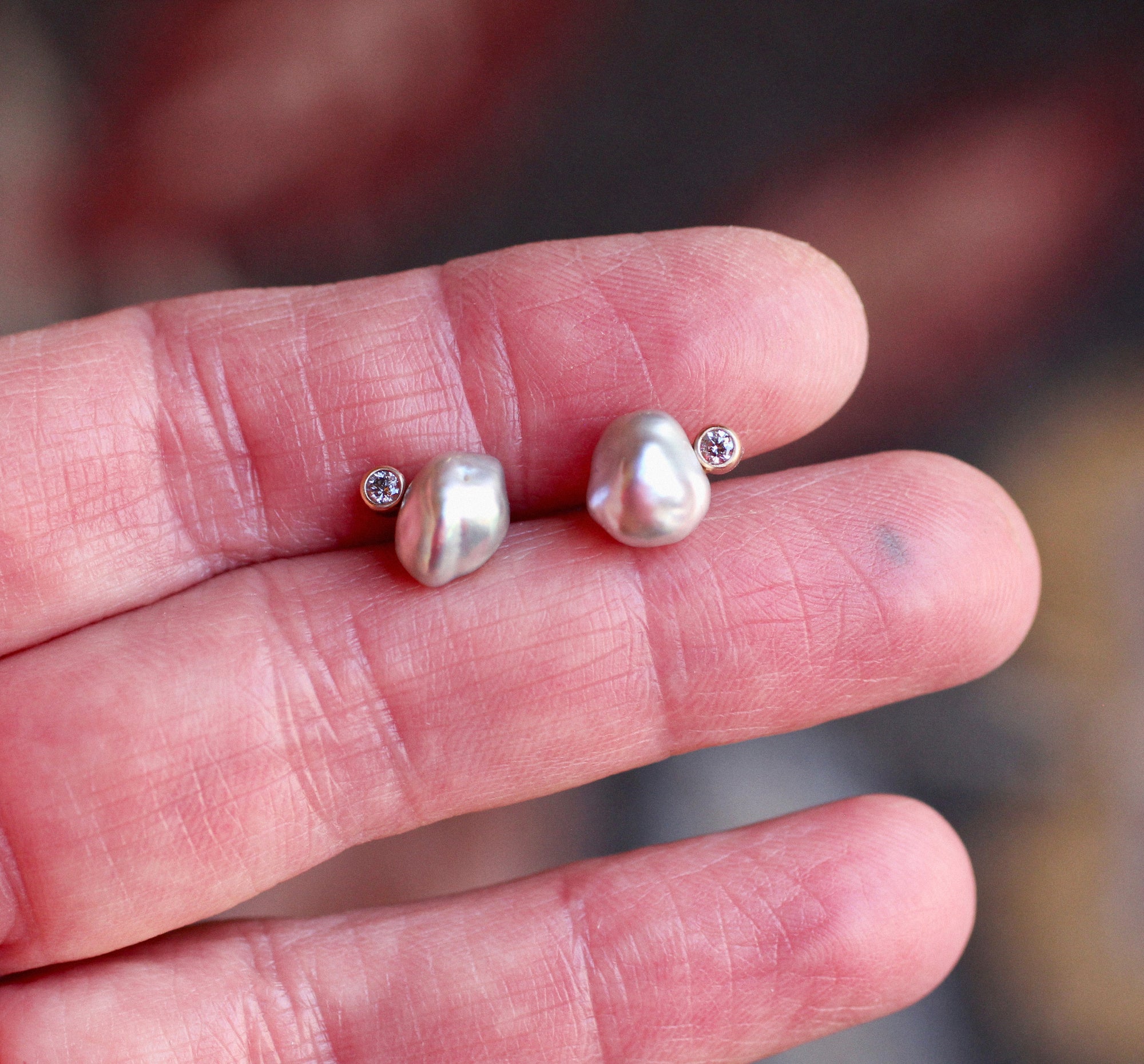 Gray Pearl & Diamond Stud Earrings in 14k Gold