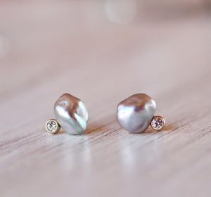 Gray Pearl & Diamond Stud Earrings in 14k Gold