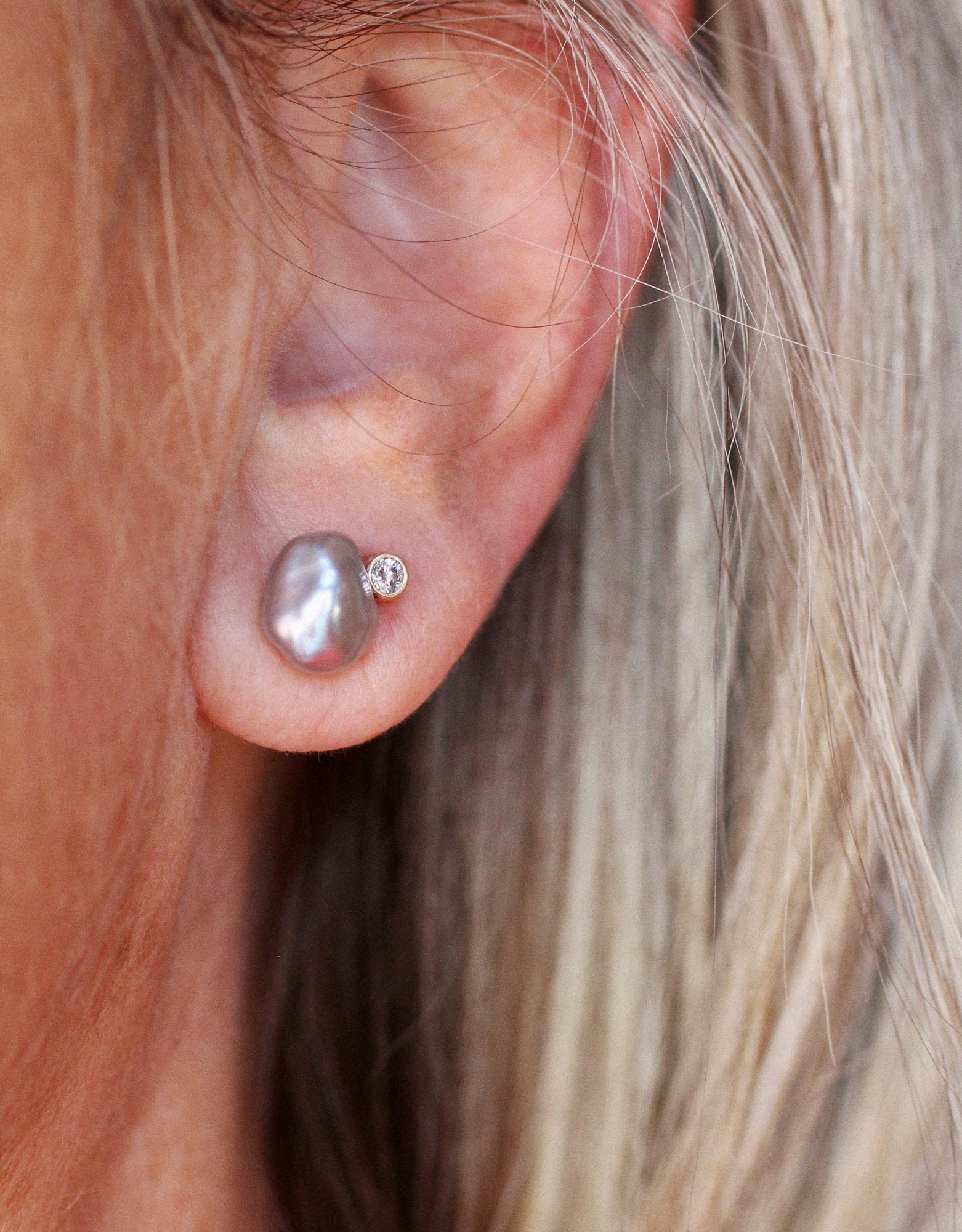 Gray Pearl & Diamond Stud Earrings in 14k Gold