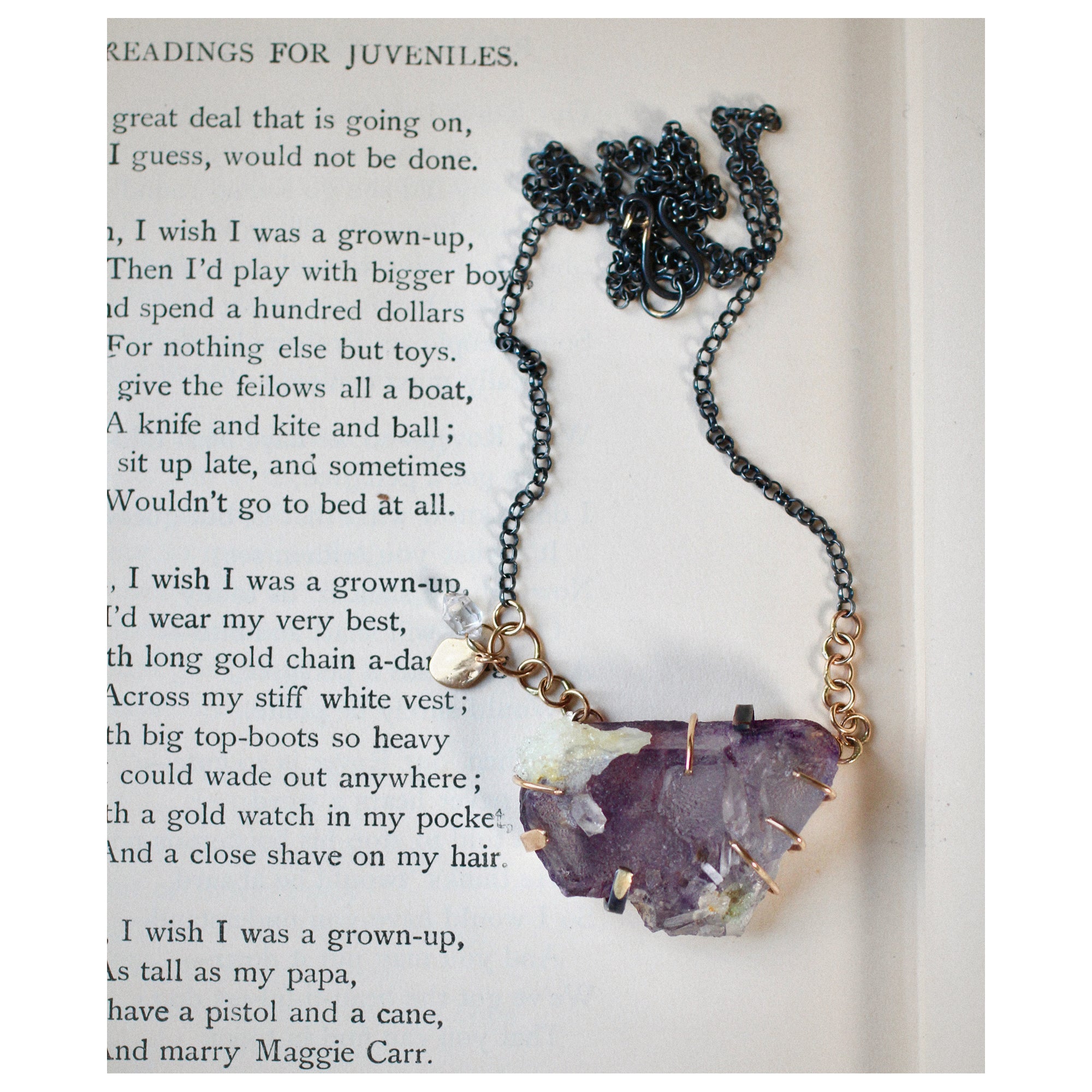 Fluorite & Herkimer Diamond Specimen Necklace with 14k Gold