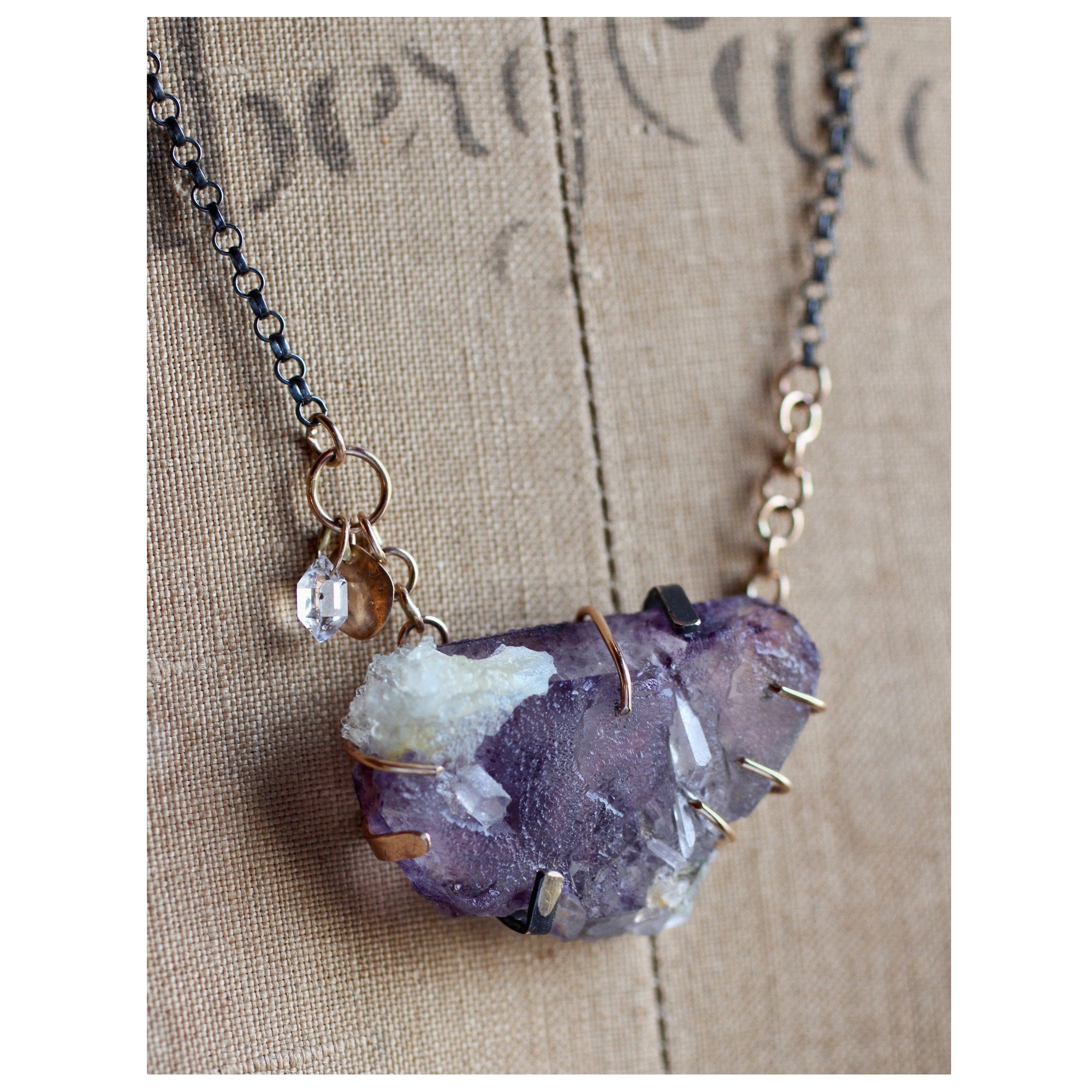 Fluorite & Herkimer Diamond Specimen Necklace with 14k Gold