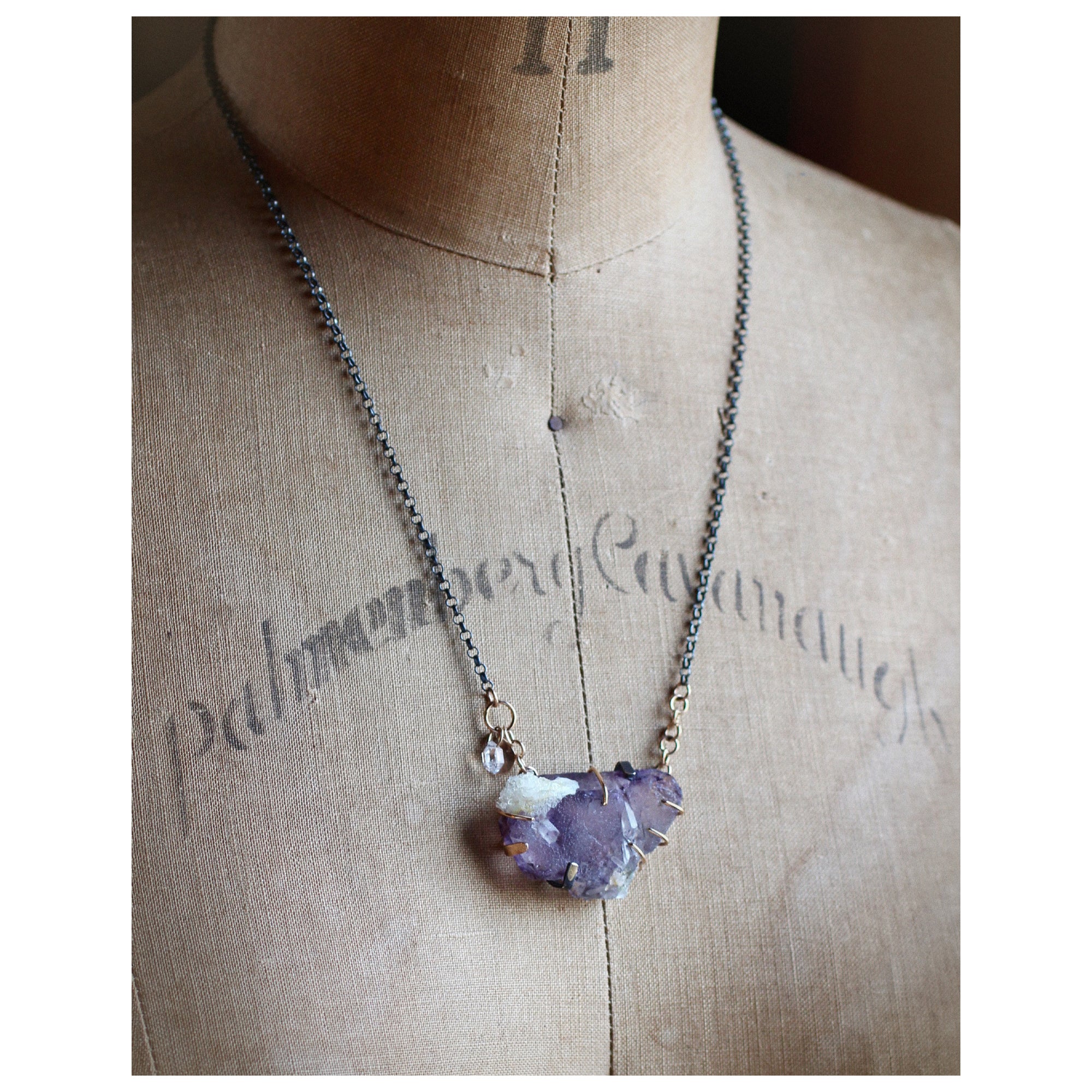 Fluorite & Herkimer Diamond Specimen Necklace with 14k Gold