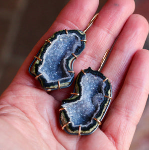 Indigo Blue Geode Earrings with 14k Gold