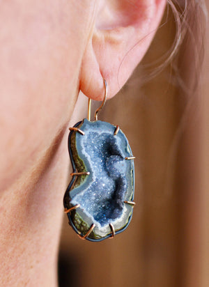 Indigo Blue Geode Earrings with 14k Gold