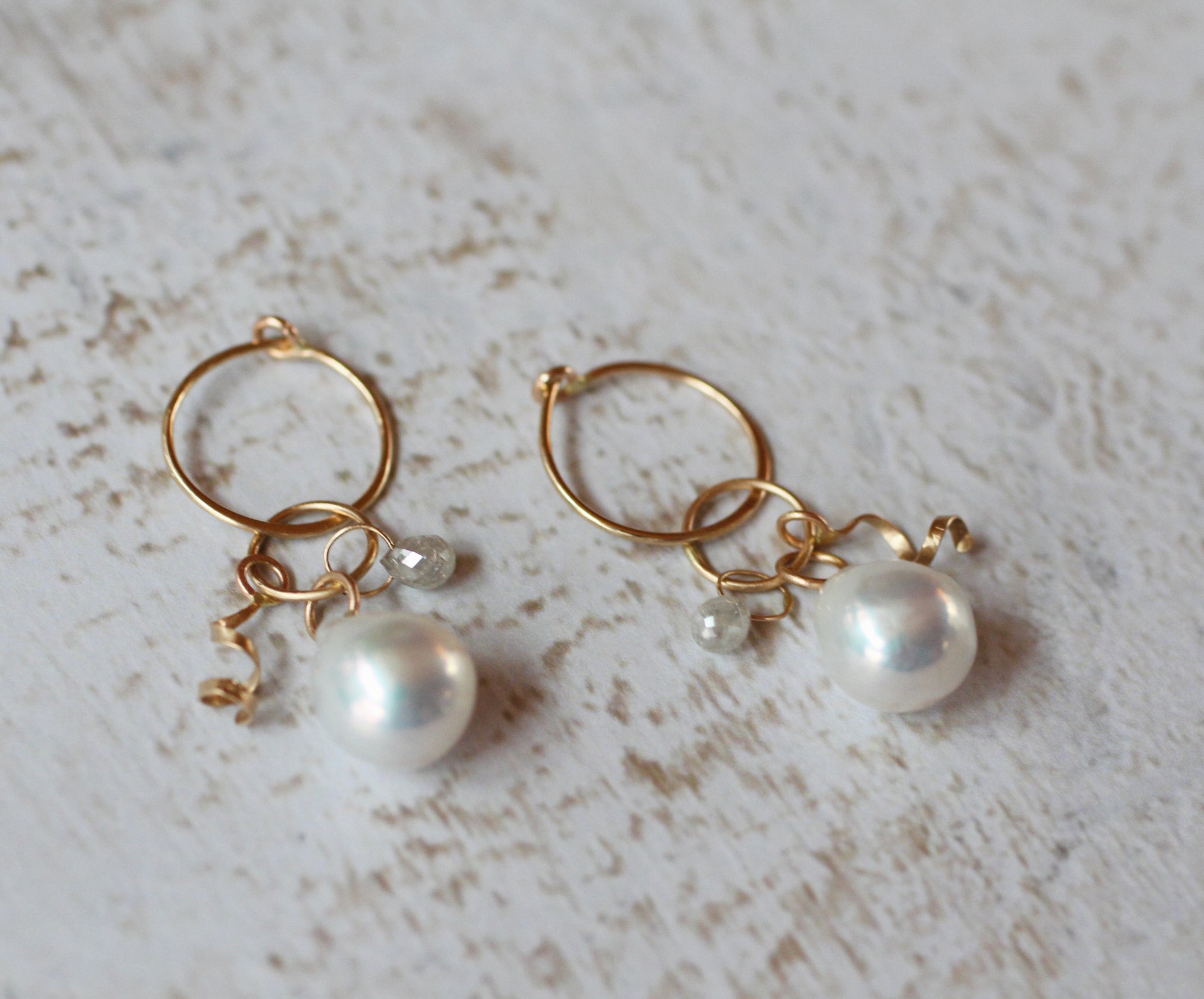 Pearl & Diamond Drop Mini Hoop Earrings in 14k Gold - Limited Edition