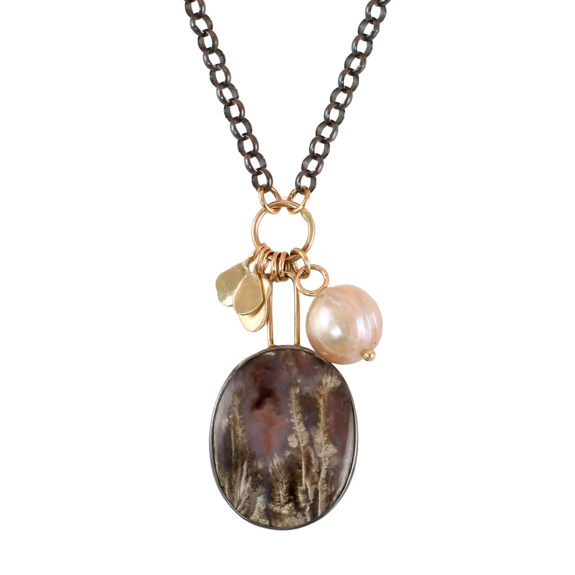 Plume Agate & Pearl Flutter Necklace with 14k Gold