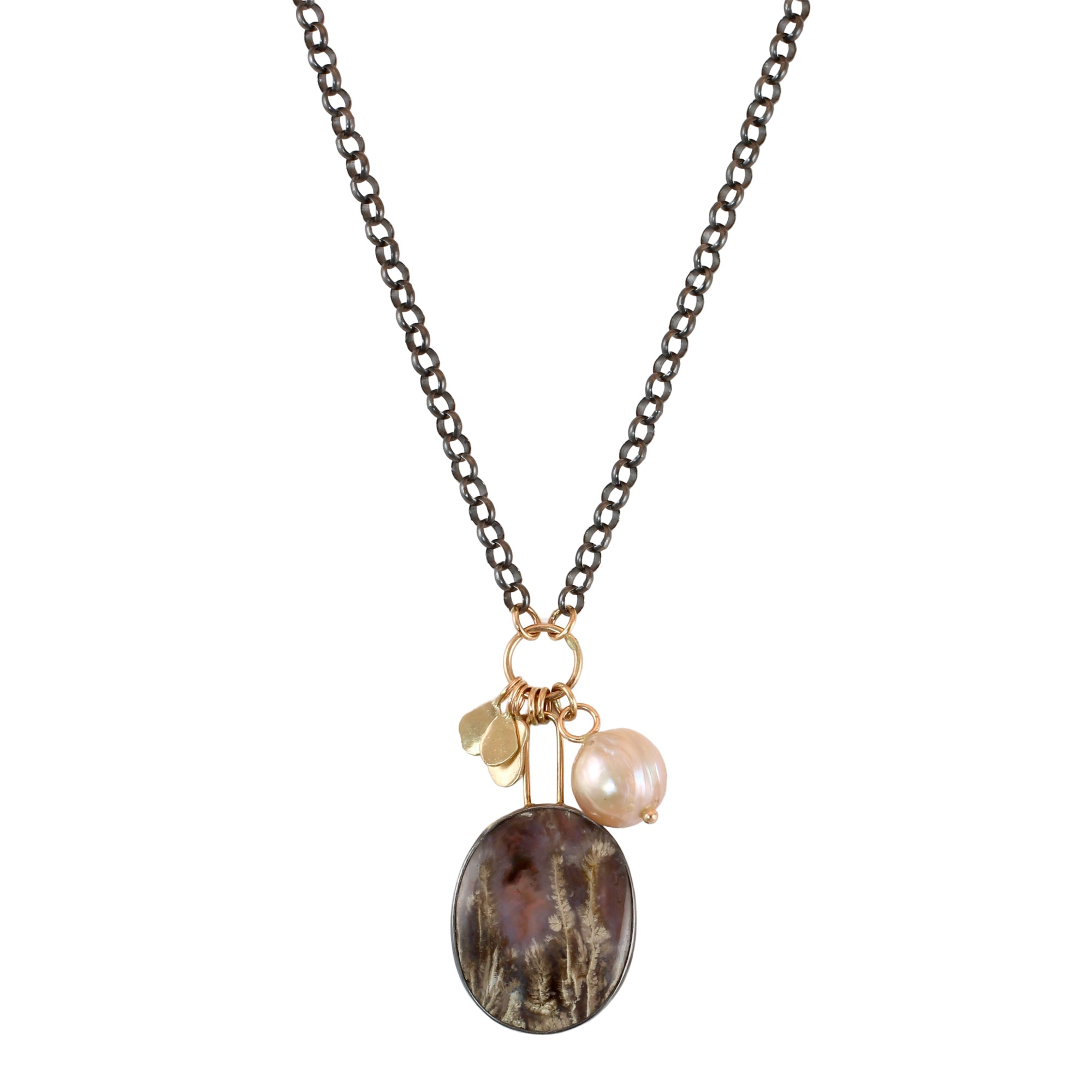 Plume Agate & Pearl Flutter Necklace with 14k Gold