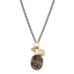 Plume Agate & Pearl Flutter Necklace with 14k Gold