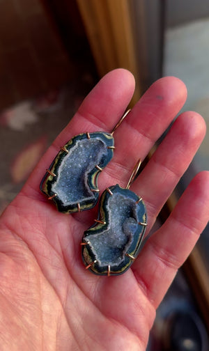 Indigo Blue Geode Earrings with 14k Gold