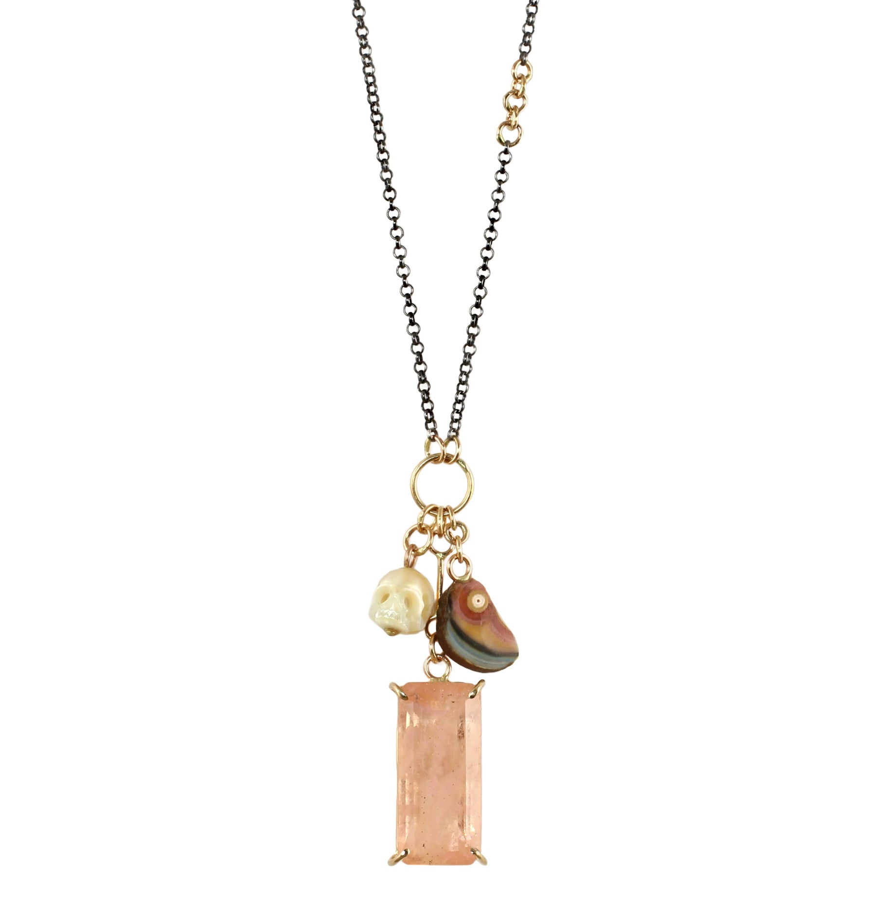 Morganite, Pearl Skull, & Rhodochrosite Tassel Necklace with 14k Gold