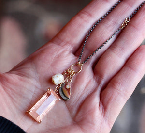 Morganite, Pearl Skull, & Rhodochrosite Tassel Necklace with 14k Gold