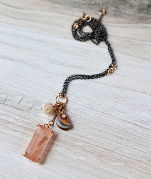 Morganite, Pearl Skull, & Rhodochrosite Tassel Necklace with 14k Gold