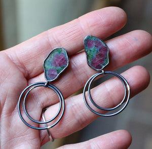 Ruby Zoisite Orbit Earrings with 14k Gold