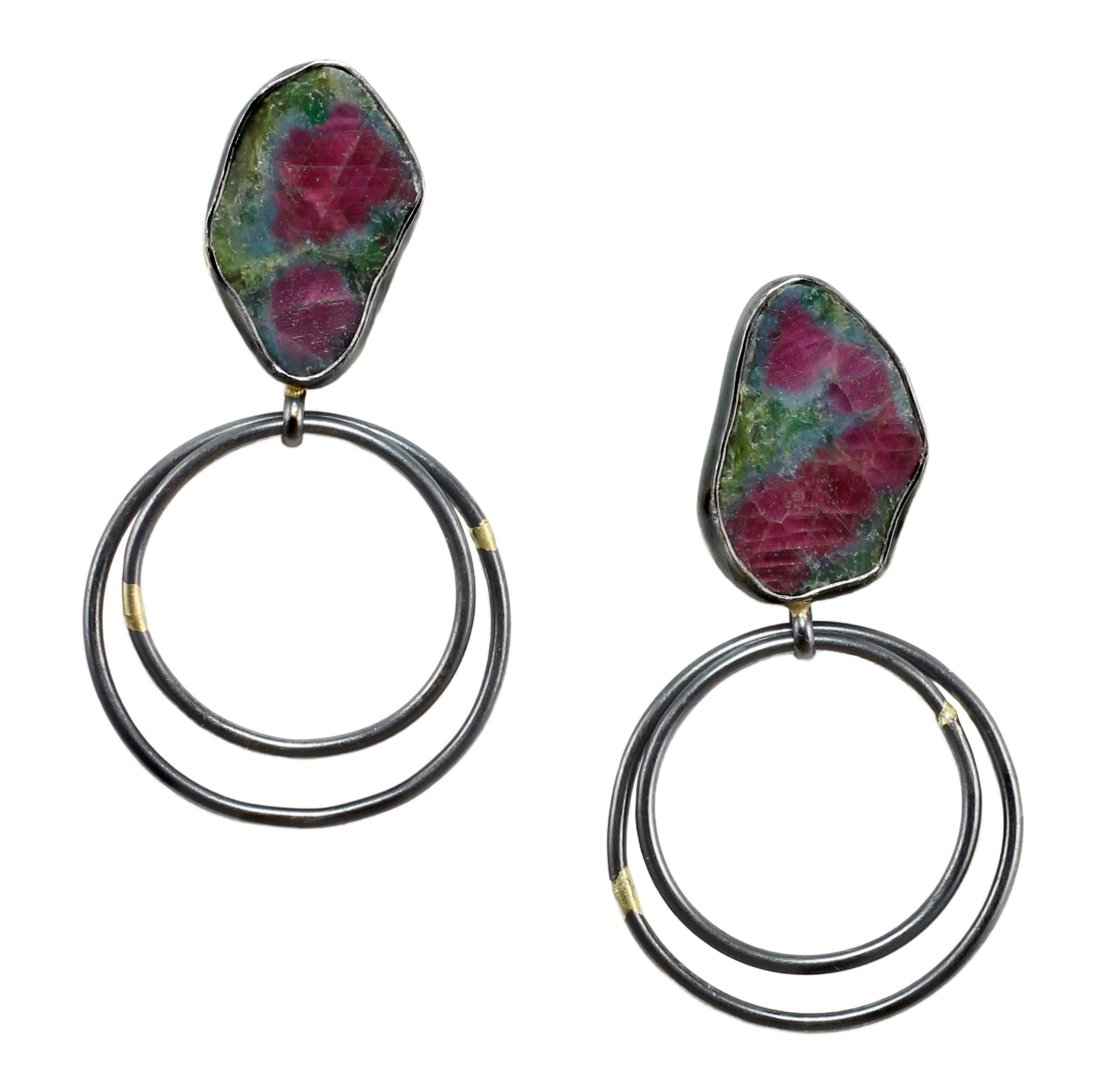 Ruby Zoisite Orbit Earrings with 14k Gold