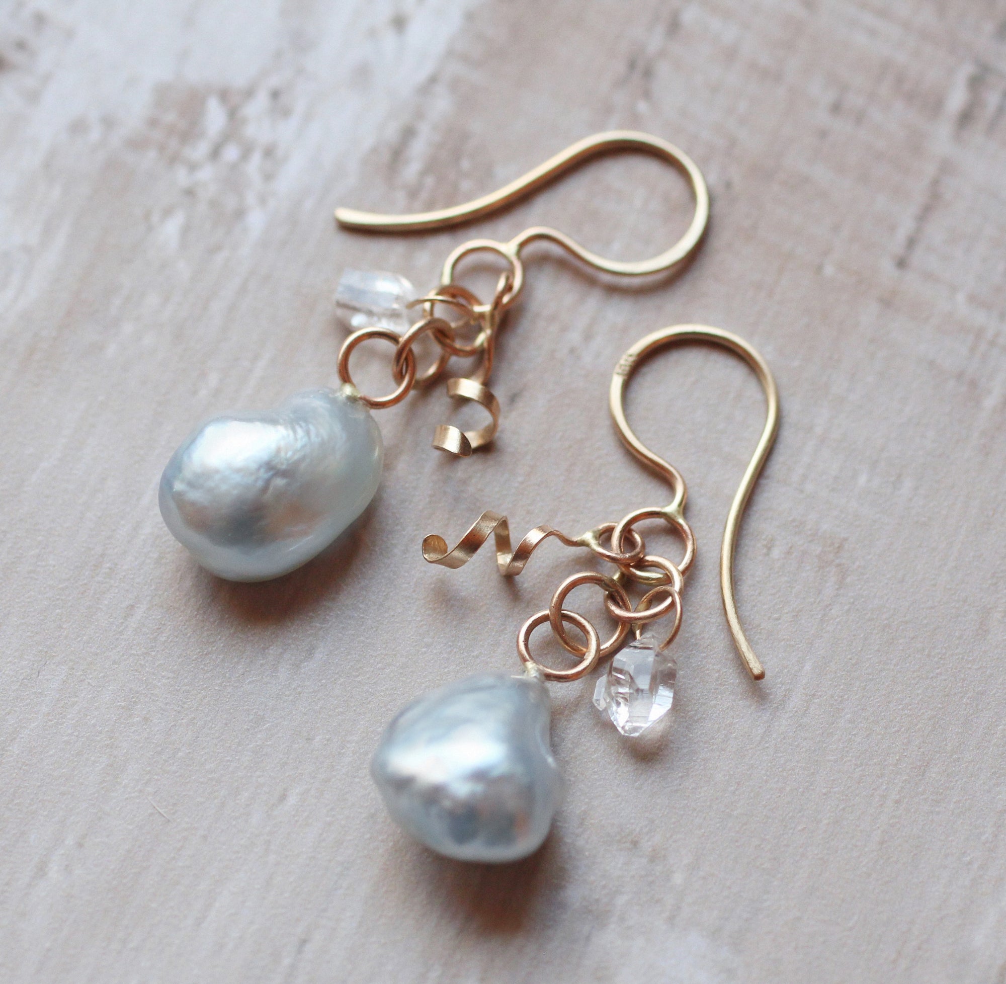 Silver Pearl & Herkimer Diamond Dangle Earrings in 14k Gold