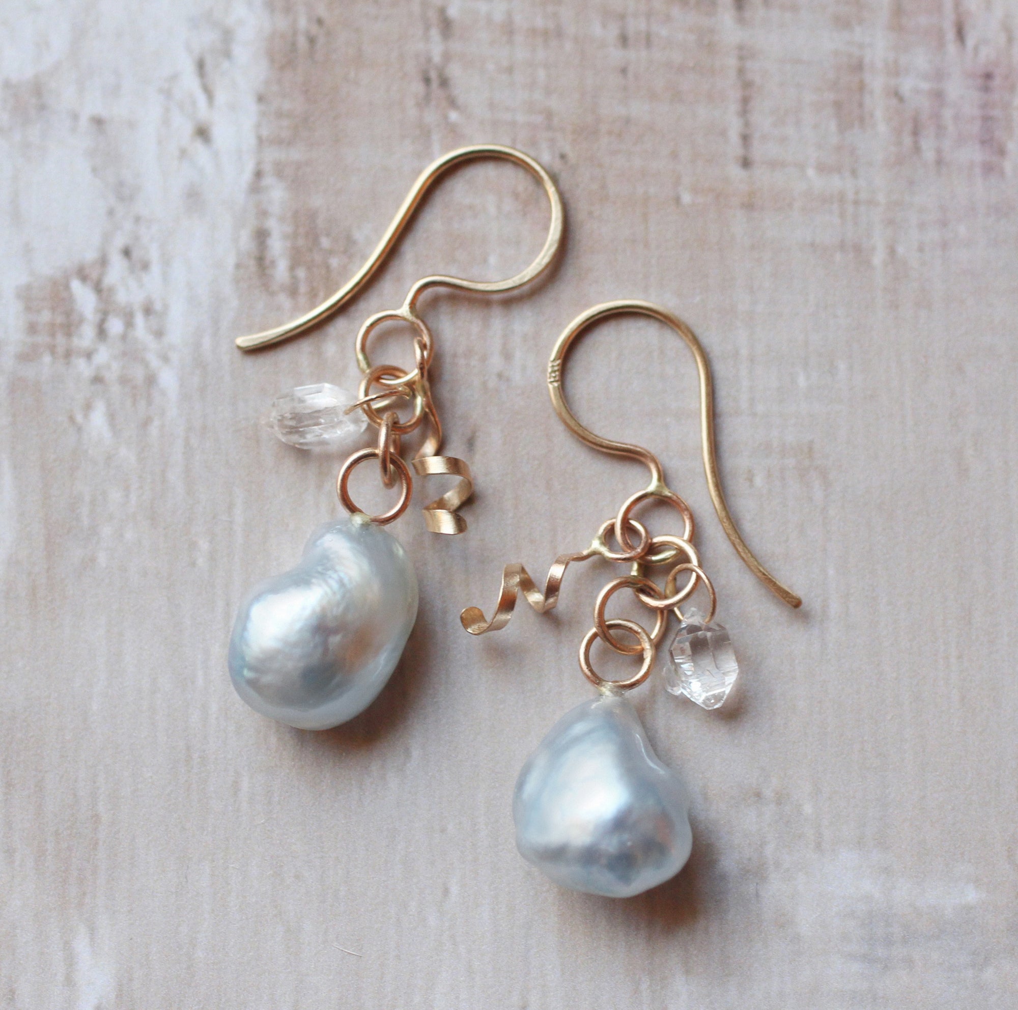 Silver Pearl & Herkimer Diamond Dangle Earrings in 14k Gold