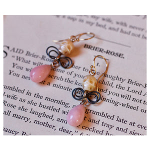 Pearl Skull & Pink Opal Earrings with 14k Gold