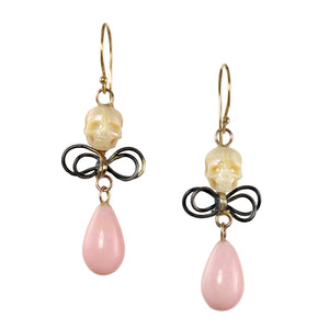 Pearl Skull & Pink Opal Earrings with 14k Gold