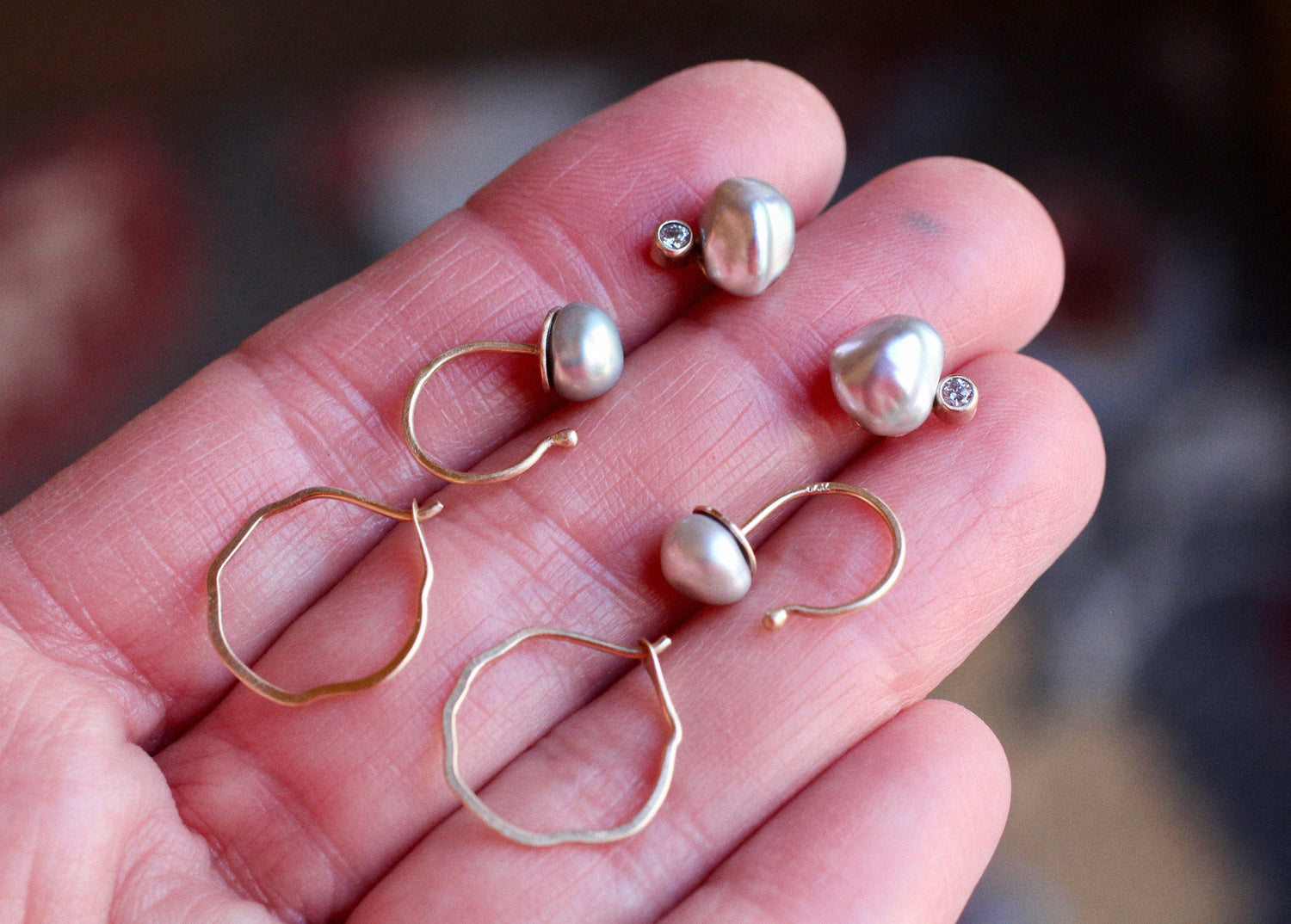 Gray Pearl Hug Earrings in 14k Gold