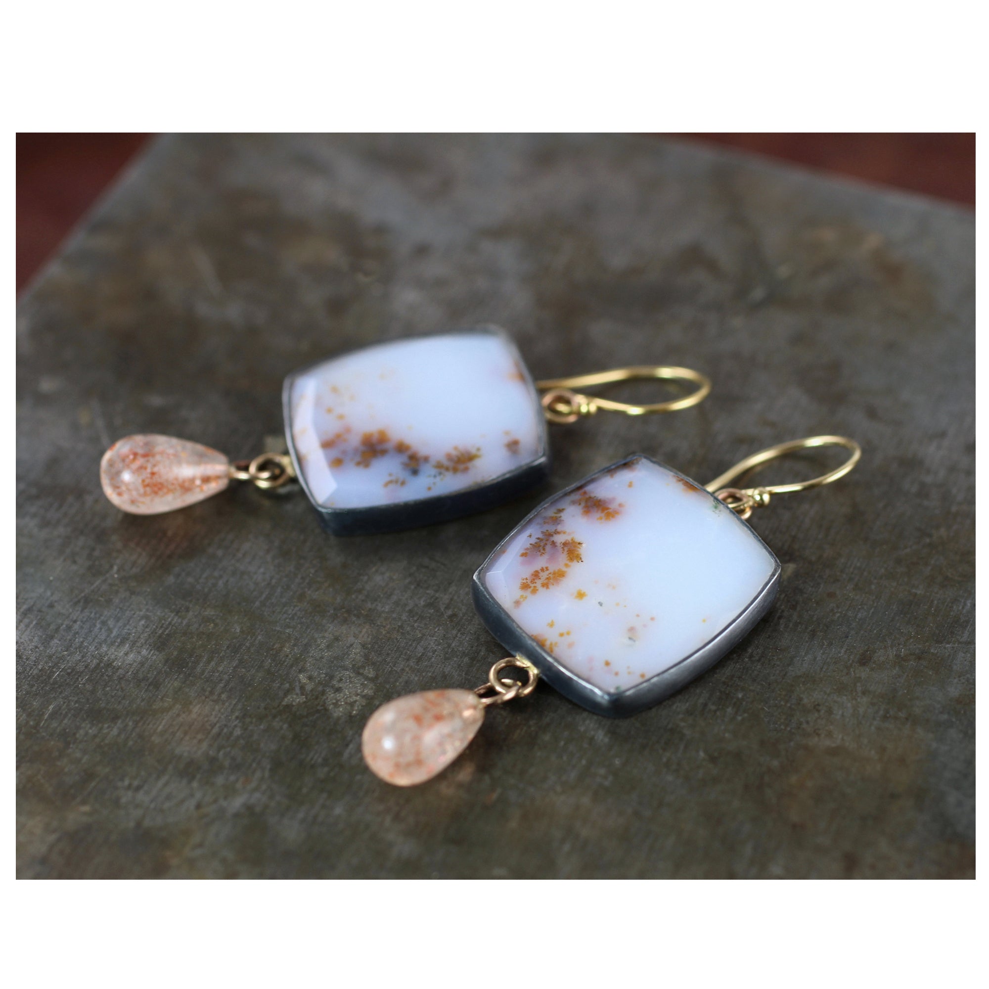 Dendritic Agate and Sunstone Drop Earrings with 14k Gold