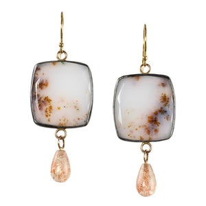 Dendritic Agate and Sunstone Drop Earrings with 14k Gold