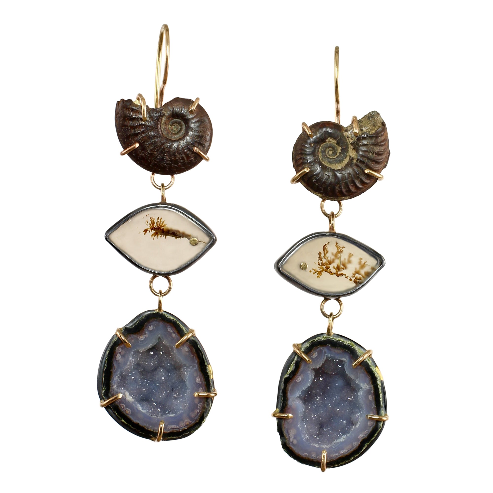 Fossilized Ammonite, Dendritic Agate, & Blue Geode Earrings with 14k Gold